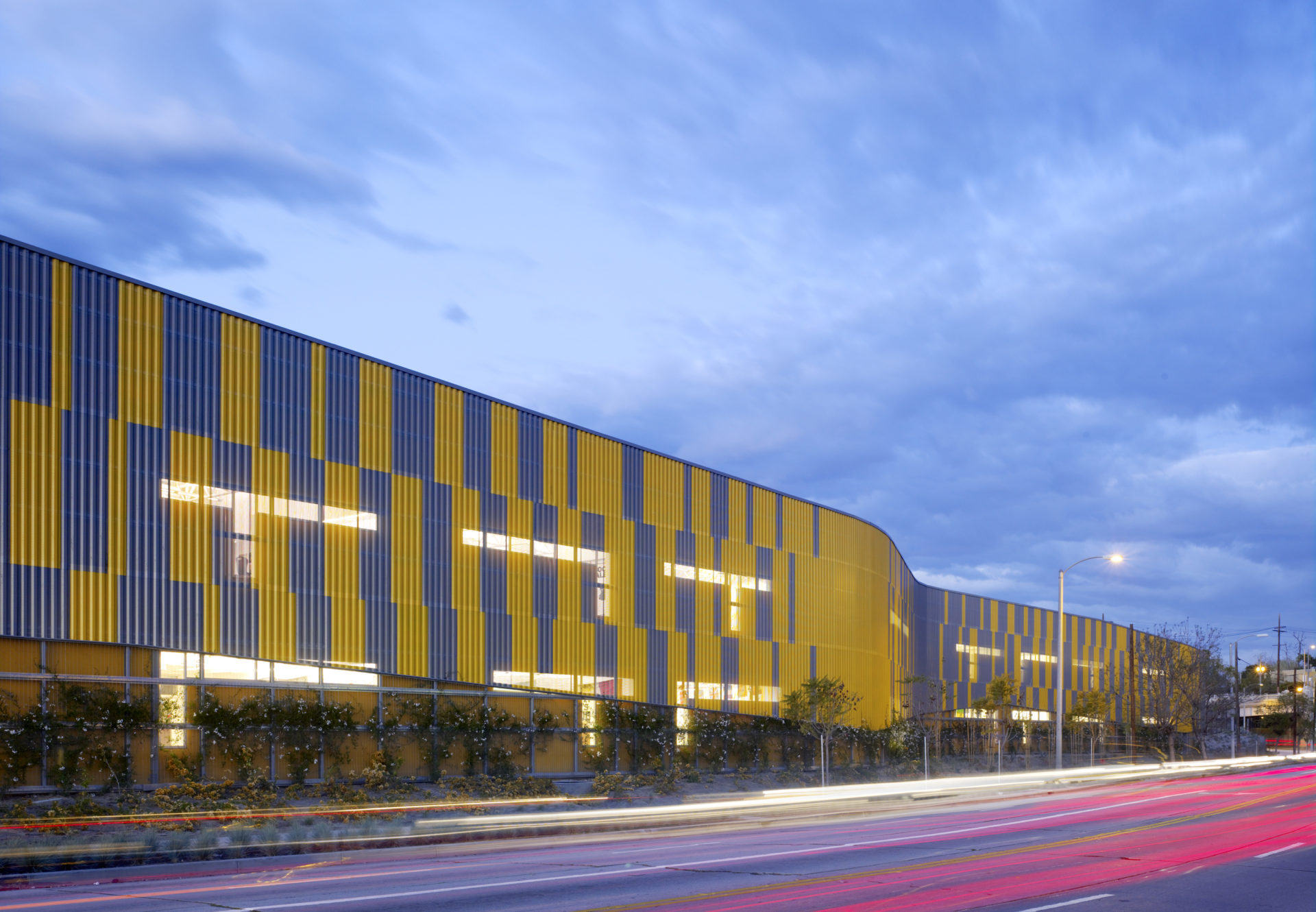 Camino Nuevo High School exterior at night